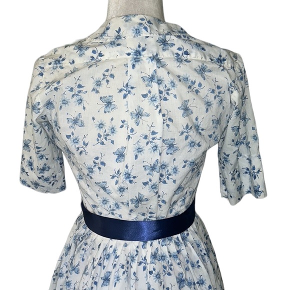 The Villager Vintage 60s Blue White Butterfly Floral Belted Button Down Dress XS - Picture 6 of 10